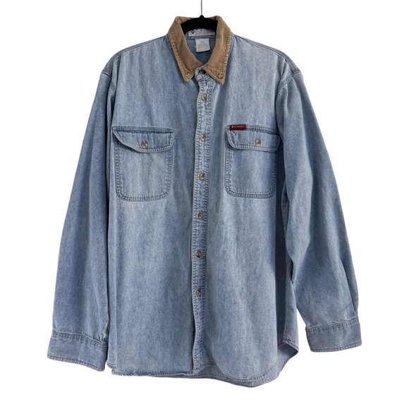 Columbia Mens Light Blue Denim Button Up Corduroy Elbow Long Sleeve Shirt Size M - Picture 1 of 8
